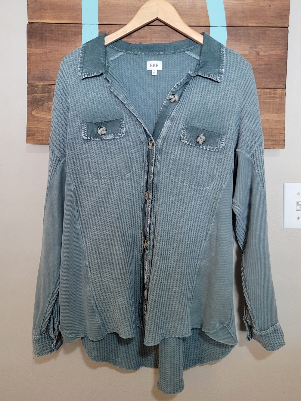 BKE Sea Pine Waffle Knit Thermal Layering Oversize Shirt Shacket Size Small